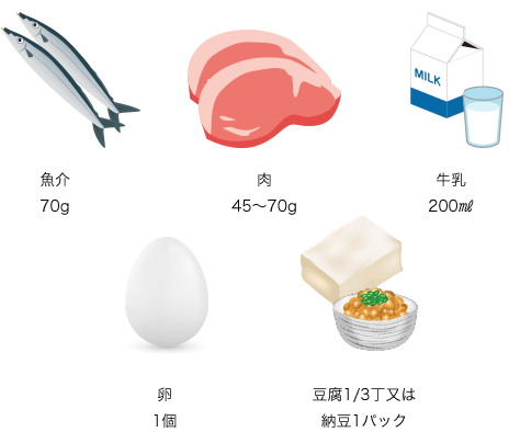 魚介70g 肉45～70g 牛乳200ml 卵1個 豆腐1/3丁又は納豆1パック